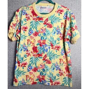 Vintage 90s Yellow Tropical Hawaiian Floral Crew Neck Short Sleeve‎ T Shirt MED